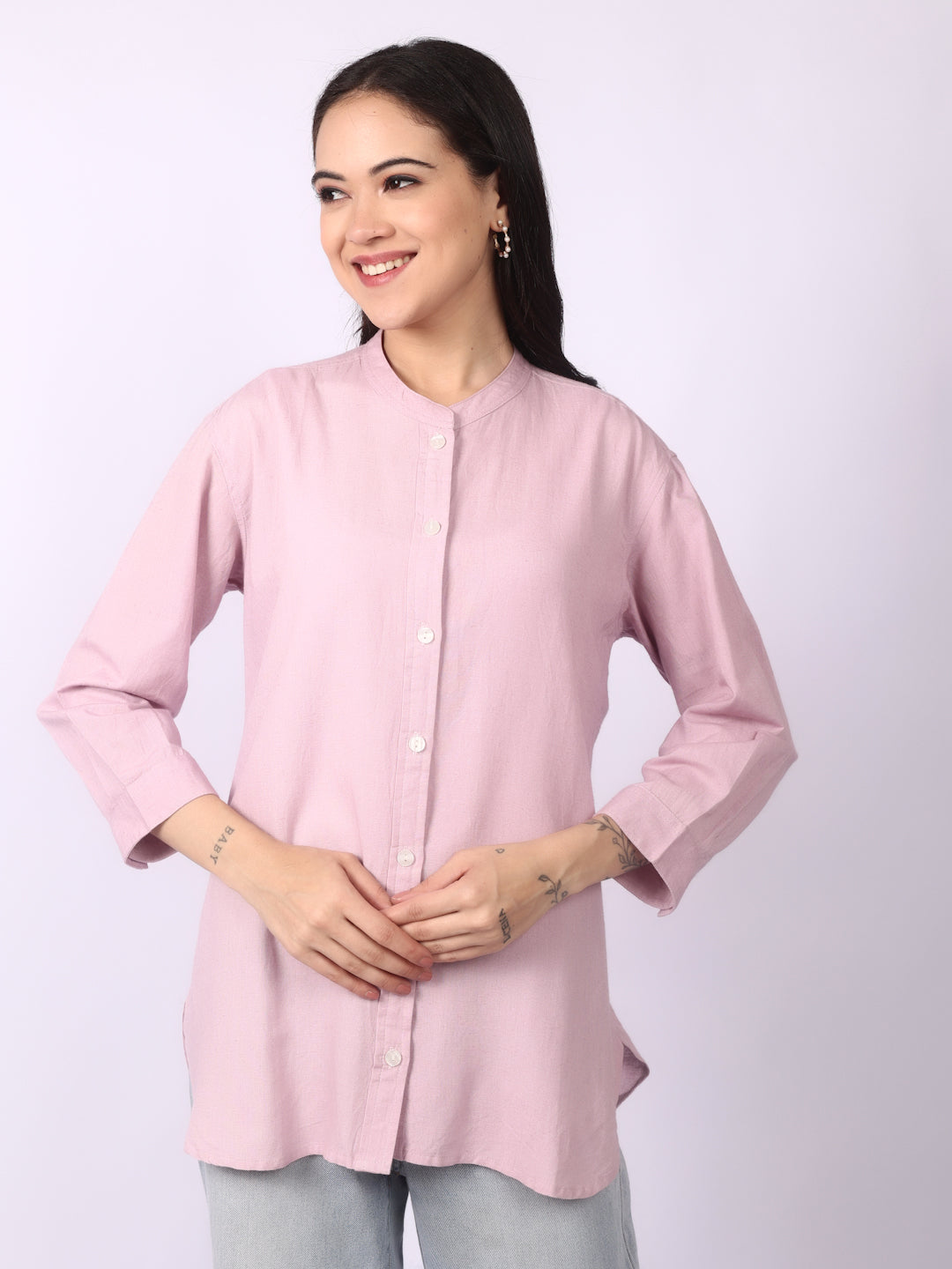 Lazy Pink Linen Blend Band Collar Shirt 3/4 Sleeve