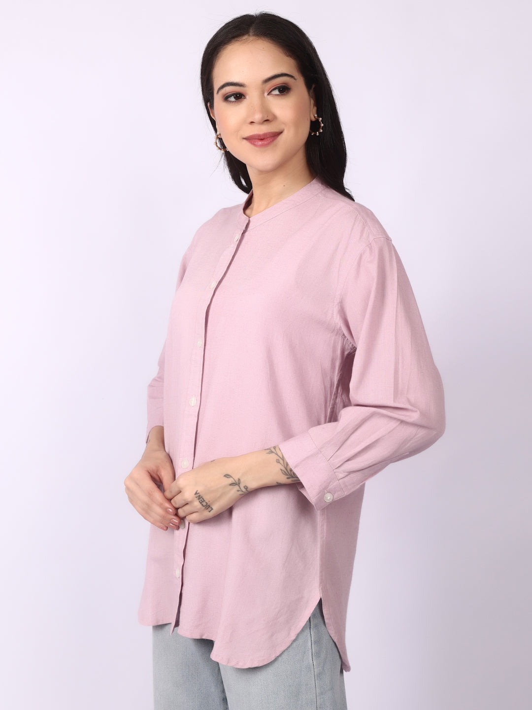 Lazy Pink Linen Blend Band Collar Shirt 3/4 Sleeve