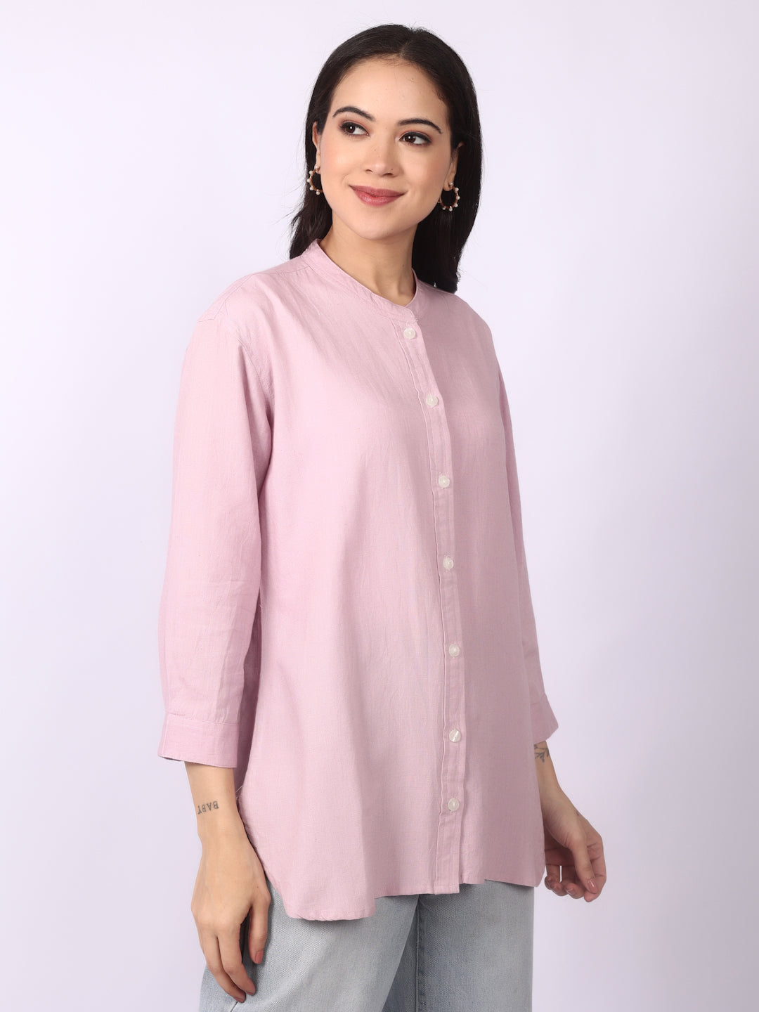 Lazy Pink Linen Blend Band Collar Shirt 3/4 Sleeve