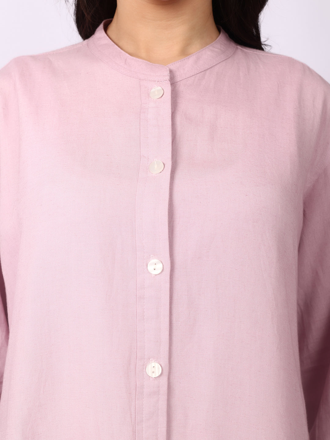Lazy Pink Linen Blend Band Collar Shirt 3/4 Sleeve