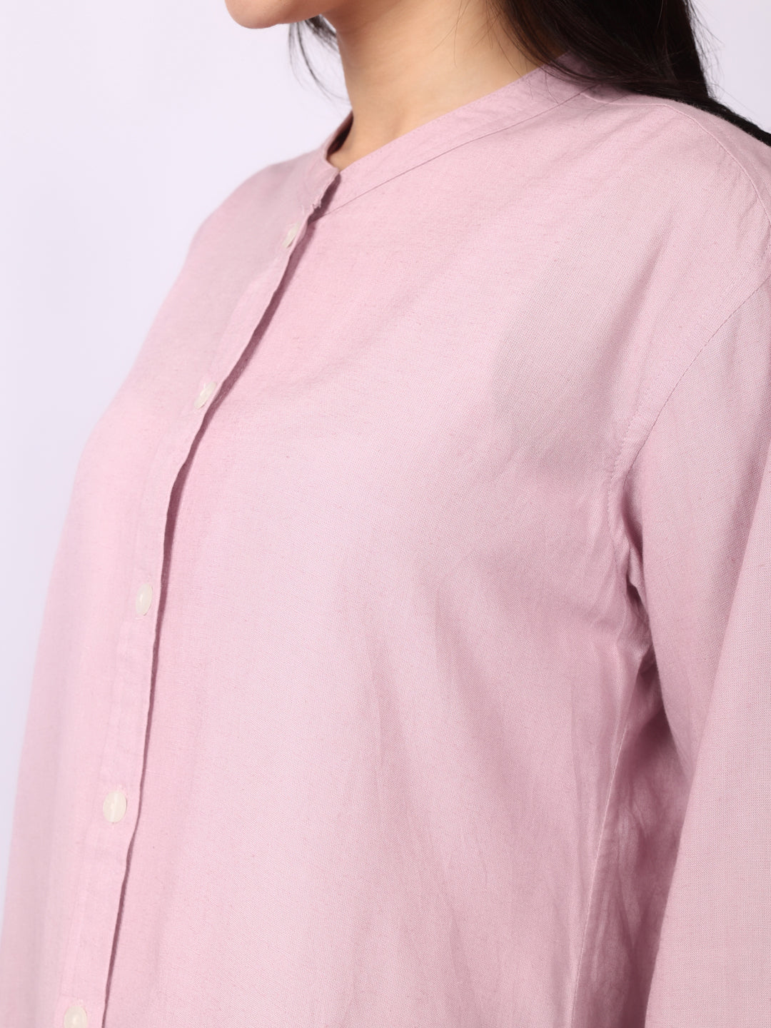 Lazy Pink Linen Blend Band Collar Shirt 3/4 Sleeve