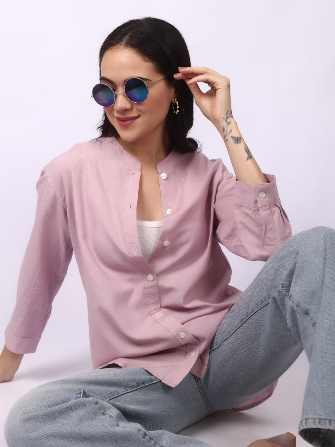 Lazy Pink Linen Blend Band Collar Shirt 3/4 Sleeve