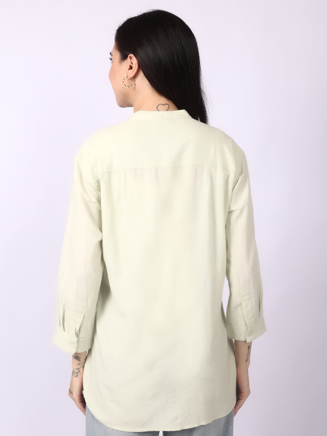 Alabaster Linen Blend Band Collar Shirt 3/4 Sleeve