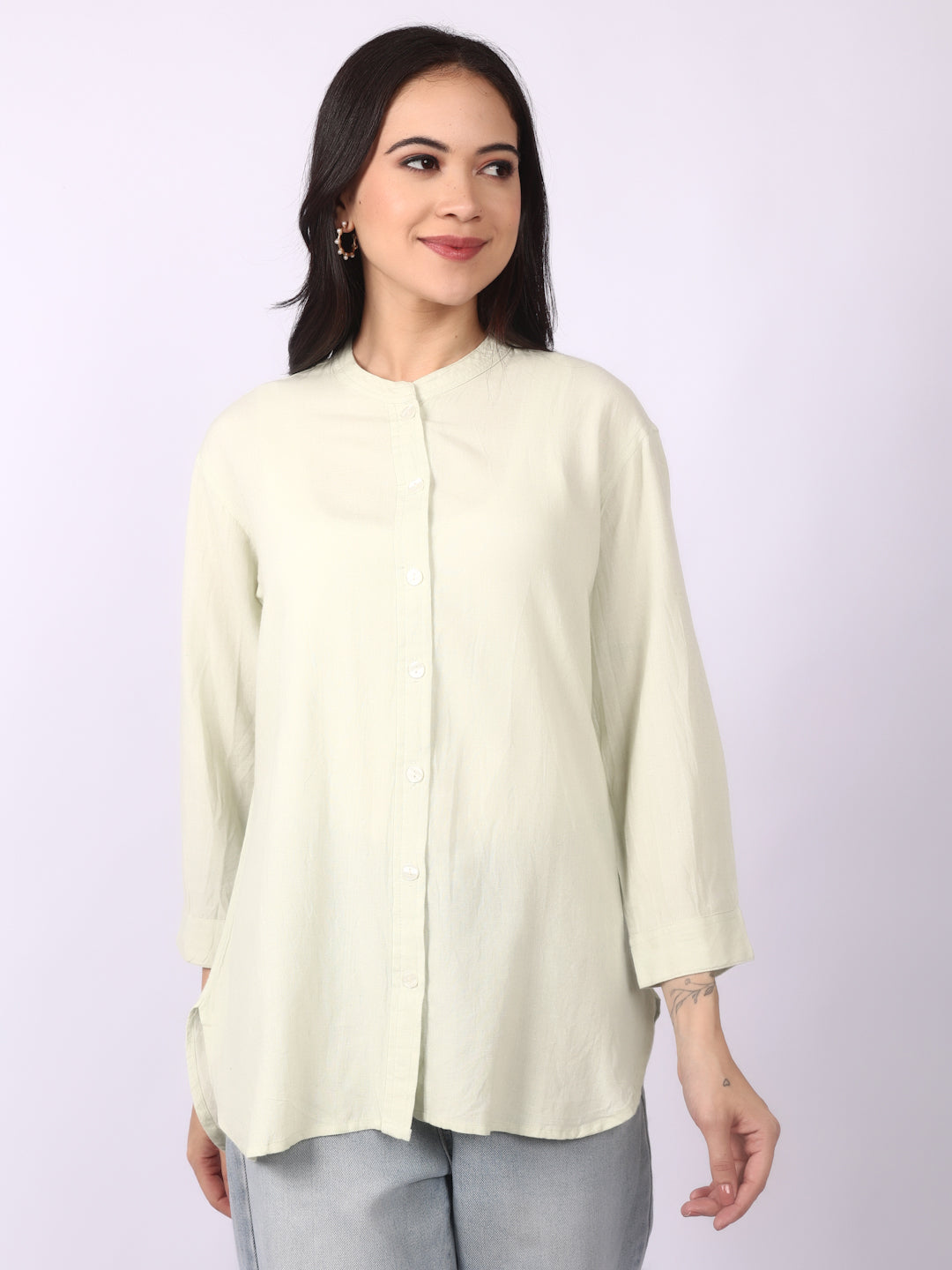 Alabaster Linen Blend Band Collar Shirt 3/4 Sleeve