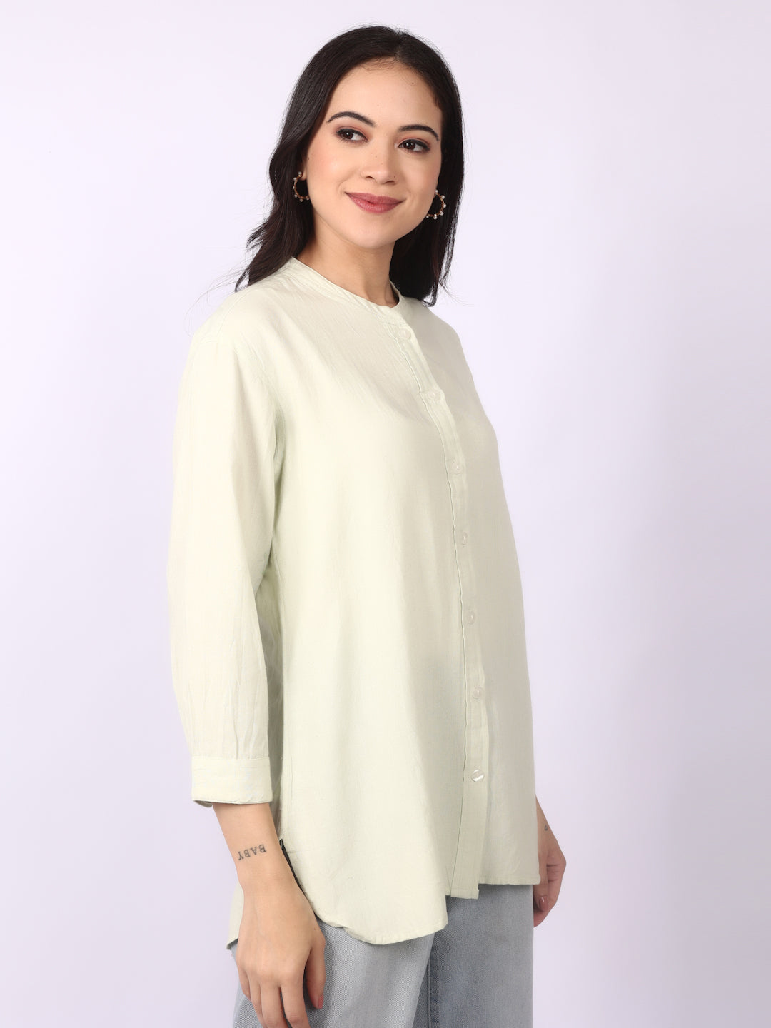 Alabaster Linen Blend Band Collar Shirt 3/4 Sleeve