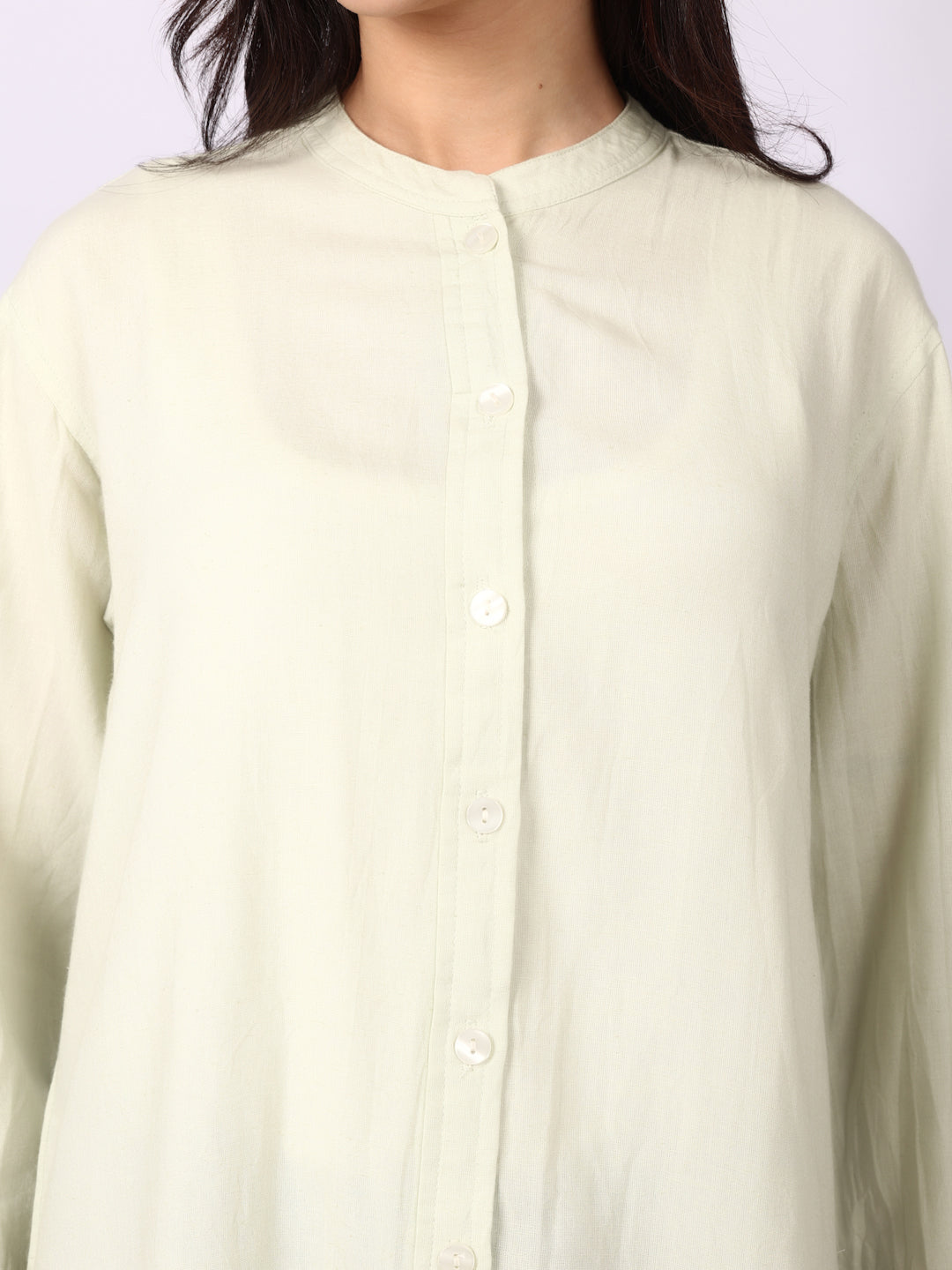 Alabaster Linen Blend Band Collar Shirt 3/4 Sleeve