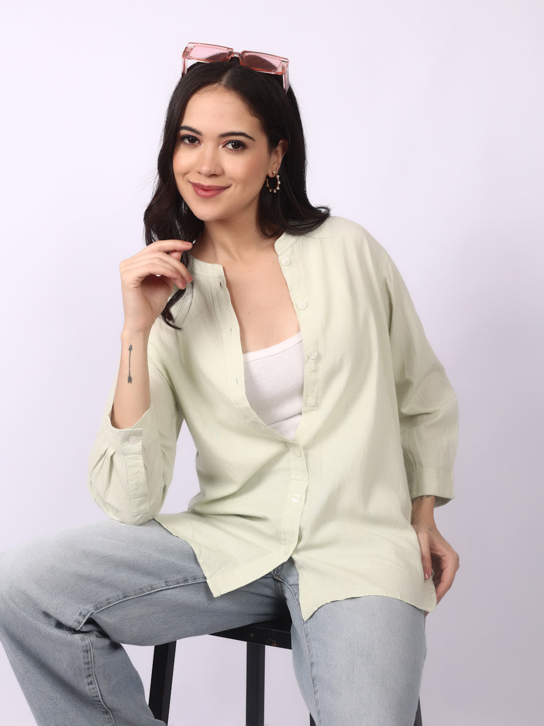 Alabaster Linen Blend Band Collar Shirt 3/4 Sleeve