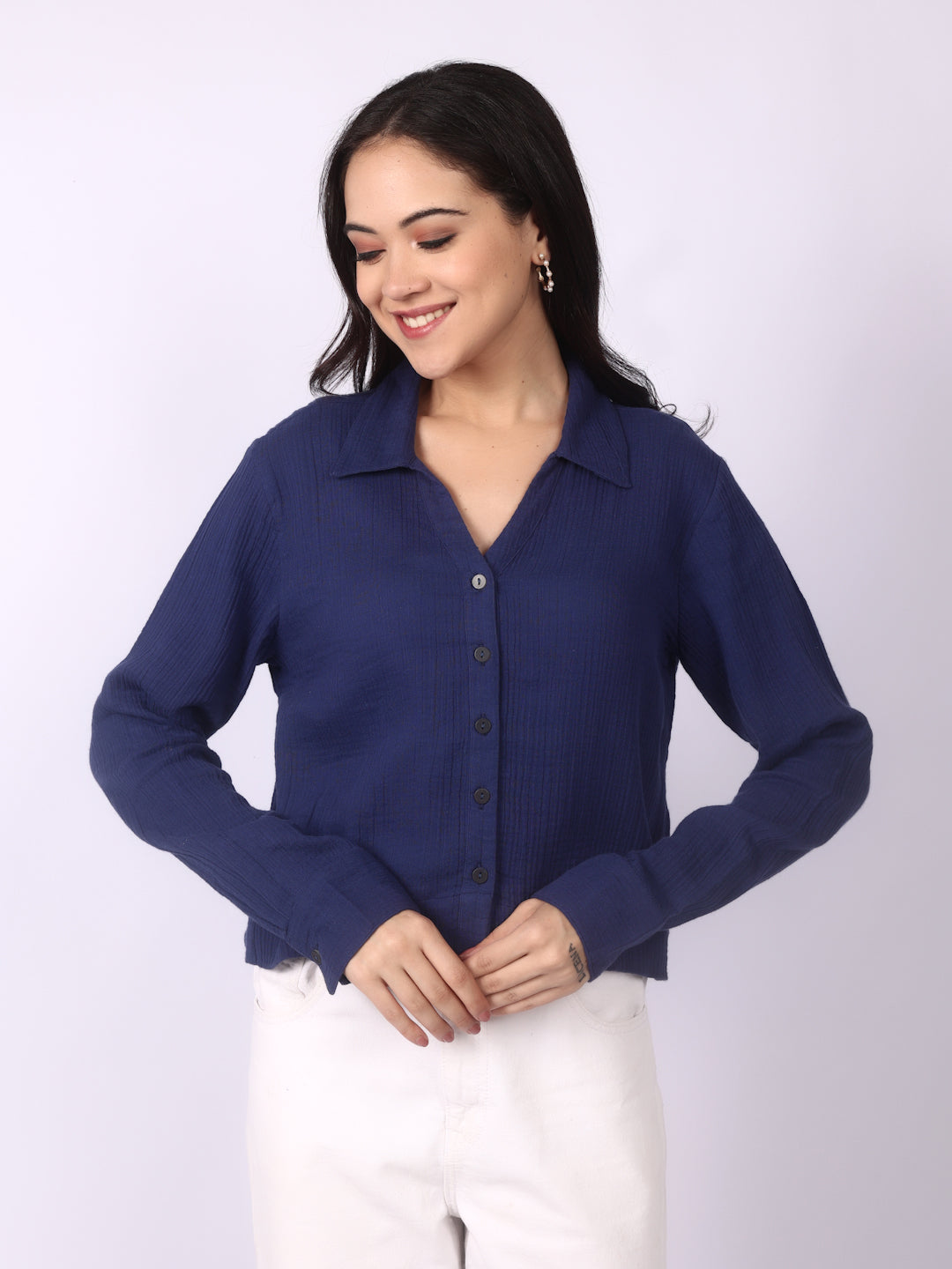 Space Blue Crinkled Crop Shirt