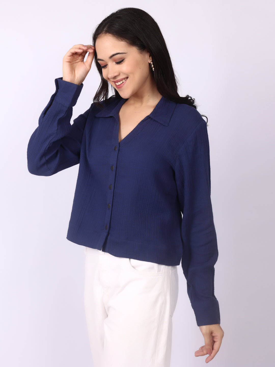 Space Blue Crinkled Crop Shirt
