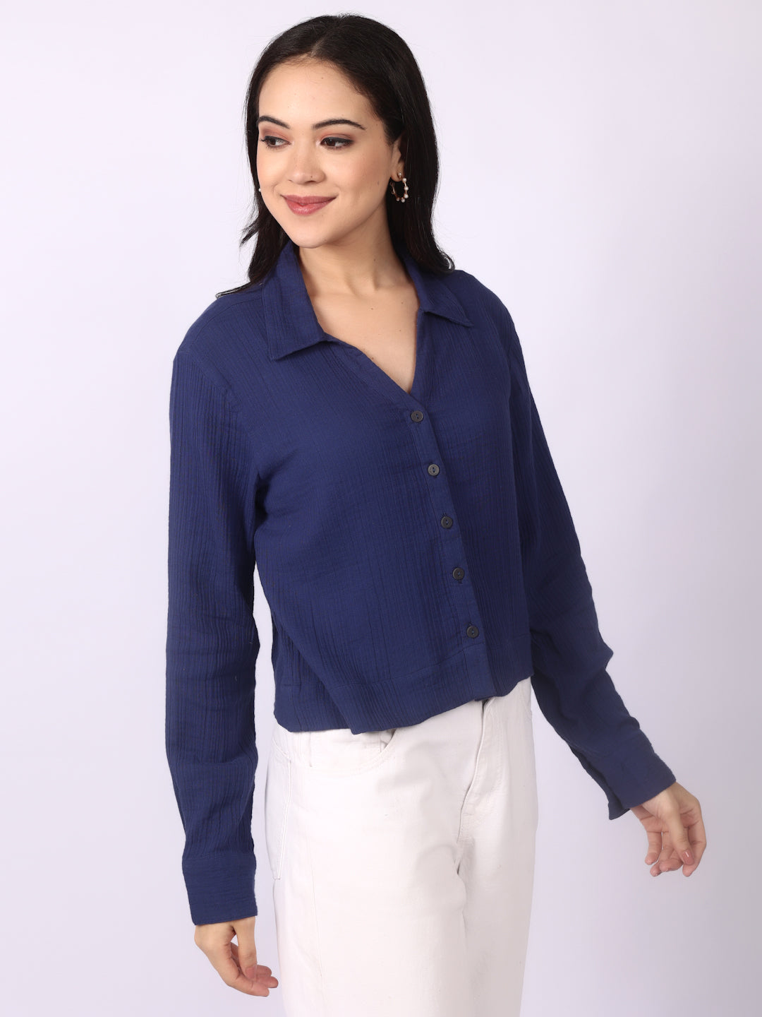 Space Blue Crinkled Crop Shirt