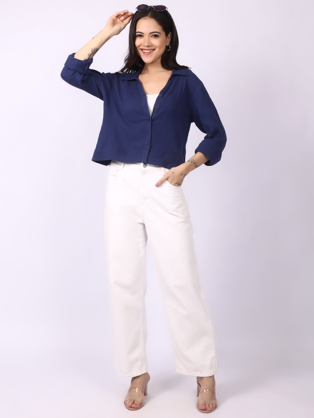 Space Blue Crinkled Crop Shirt