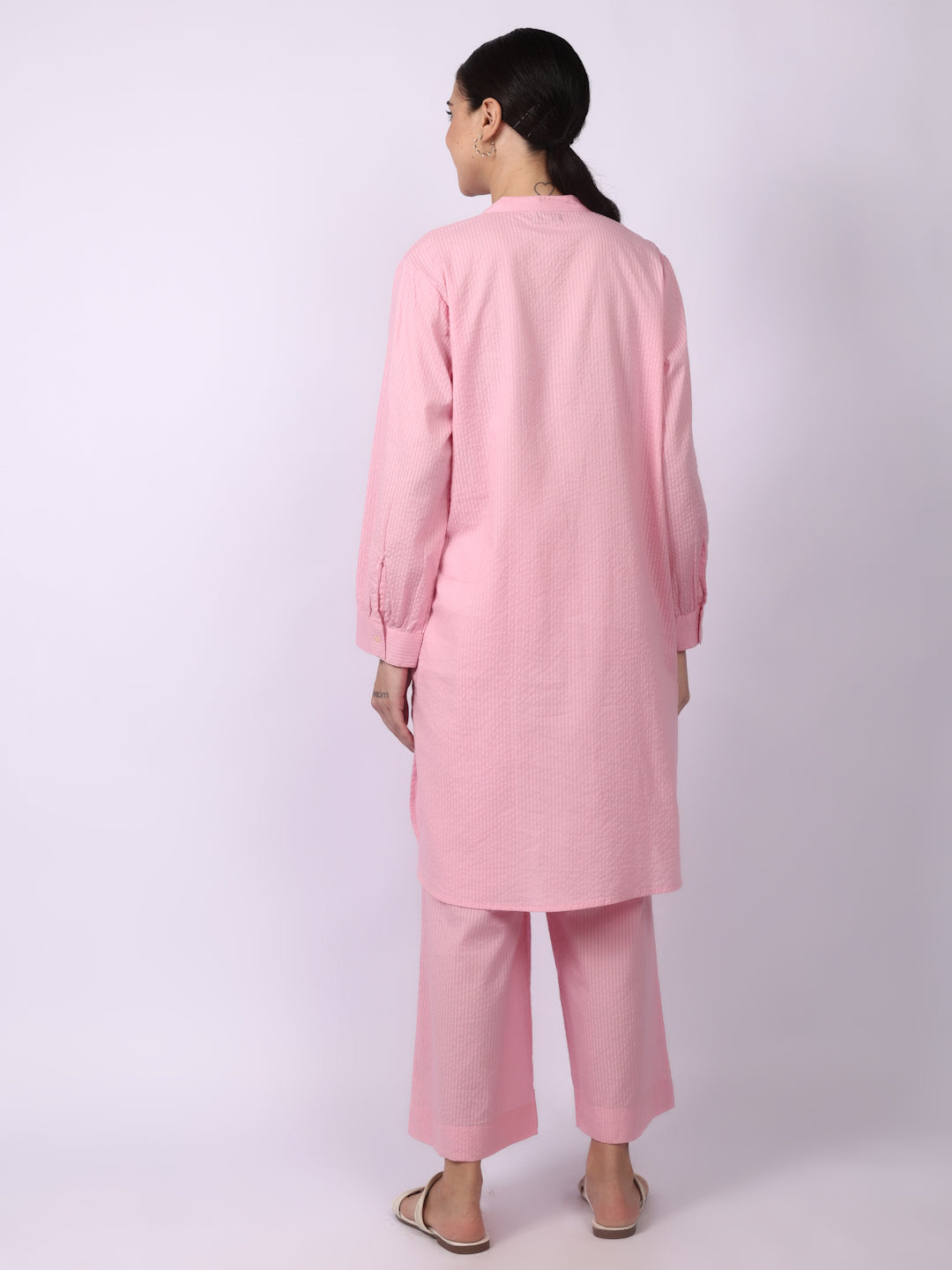 Orchid Pink Seersucker Striped Cotton A-Line Kurta Pant Co-Ord Set
