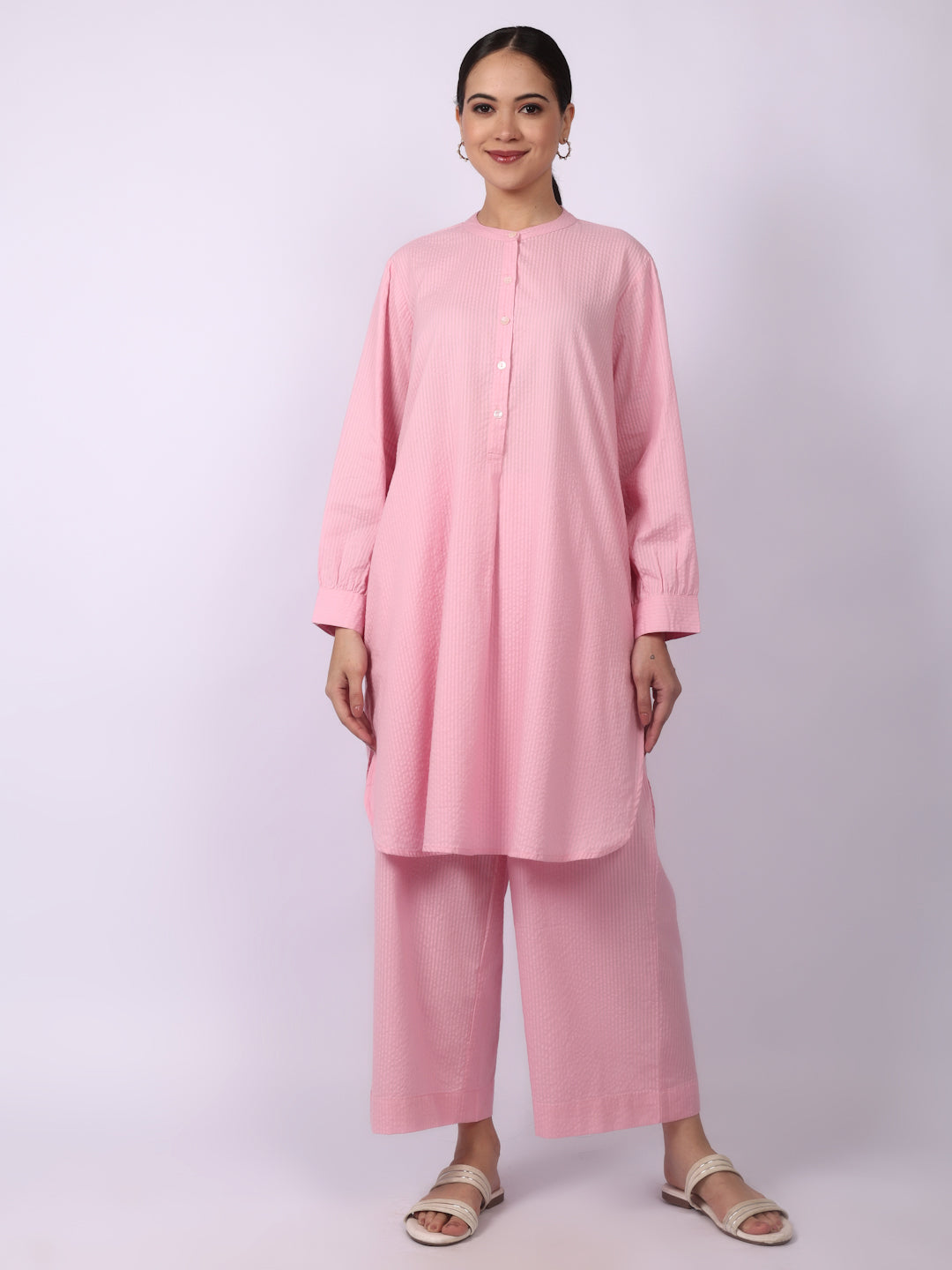 Orchid Pink Seersucker Striped Cotton A-Line Kurta Pant Co-Ord Set
