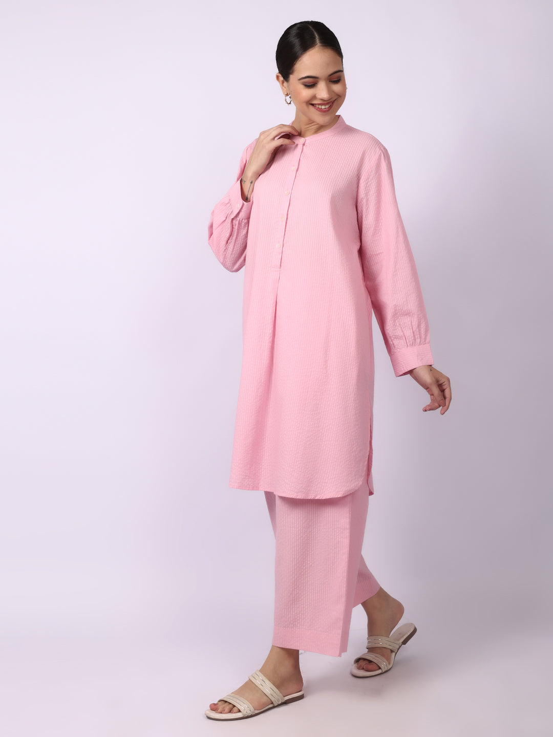 Orchid Pink Seersucker Striped Cotton A-Line Kurta Pant Co-Ord Set