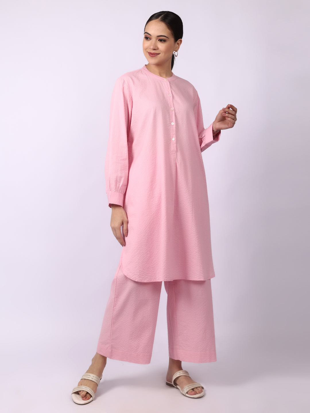 Orchid Pink Seersucker Striped Cotton A-Line Kurta Pant Co-Ord Set