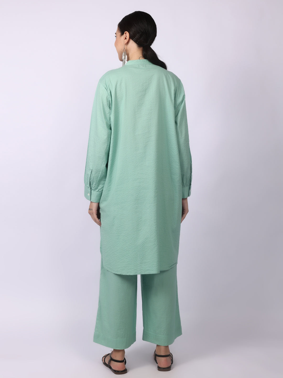 Green Seersucker Striped Cotton A-Line Kurta Pant Co-Ord Set