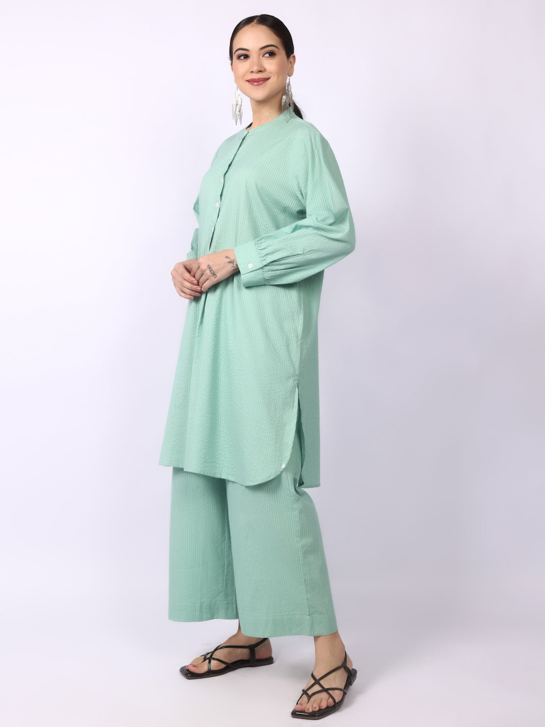 Green Seersucker Striped Cotton A-Line Kurta Pant Co-Ord Set
