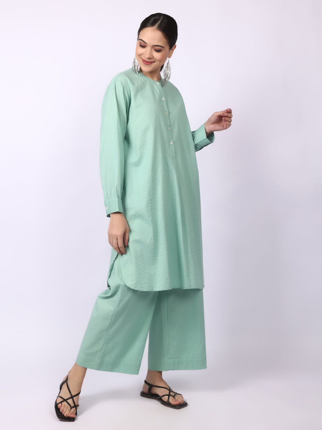 Green Seersucker Striped Cotton A-Line Kurta Pant Co-Ord Set