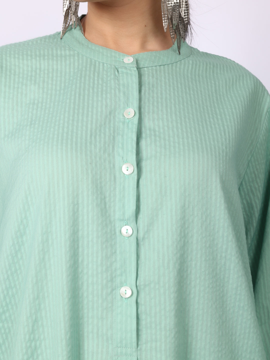Green Seersucker Striped Cotton A-Line Kurta Pant Co-Ord Set