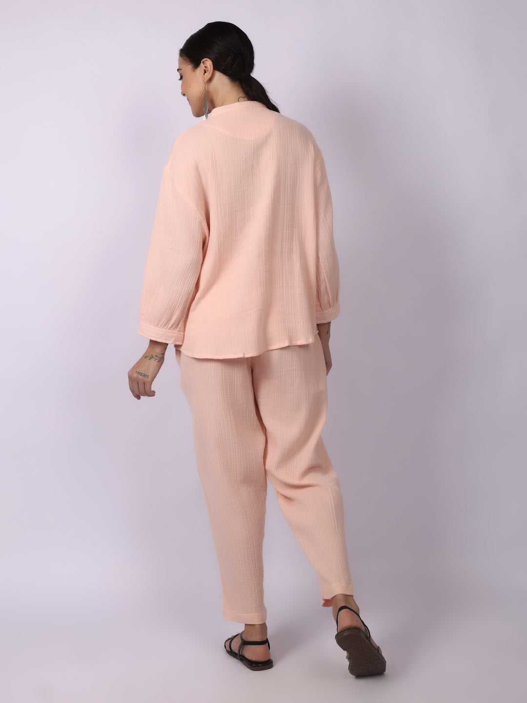 Coral Pink Crinkled Gauze Muslin Loungewear Set