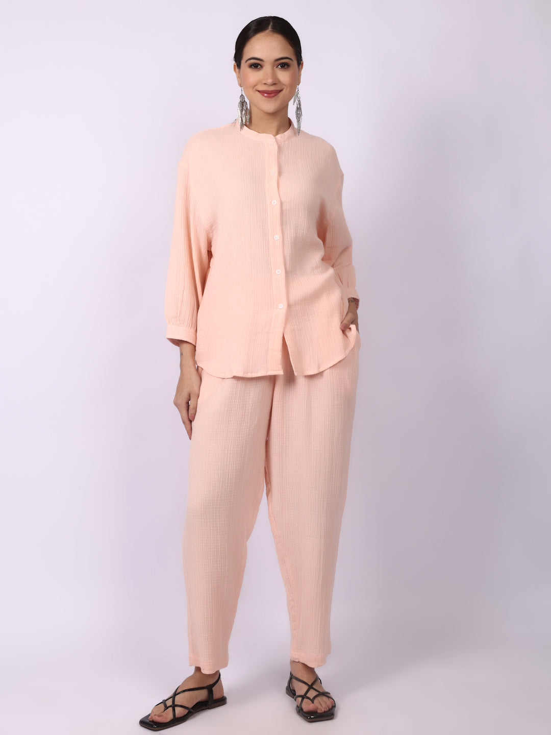 Coral Pink Crinkled Gauze Muslin Loungewear Set