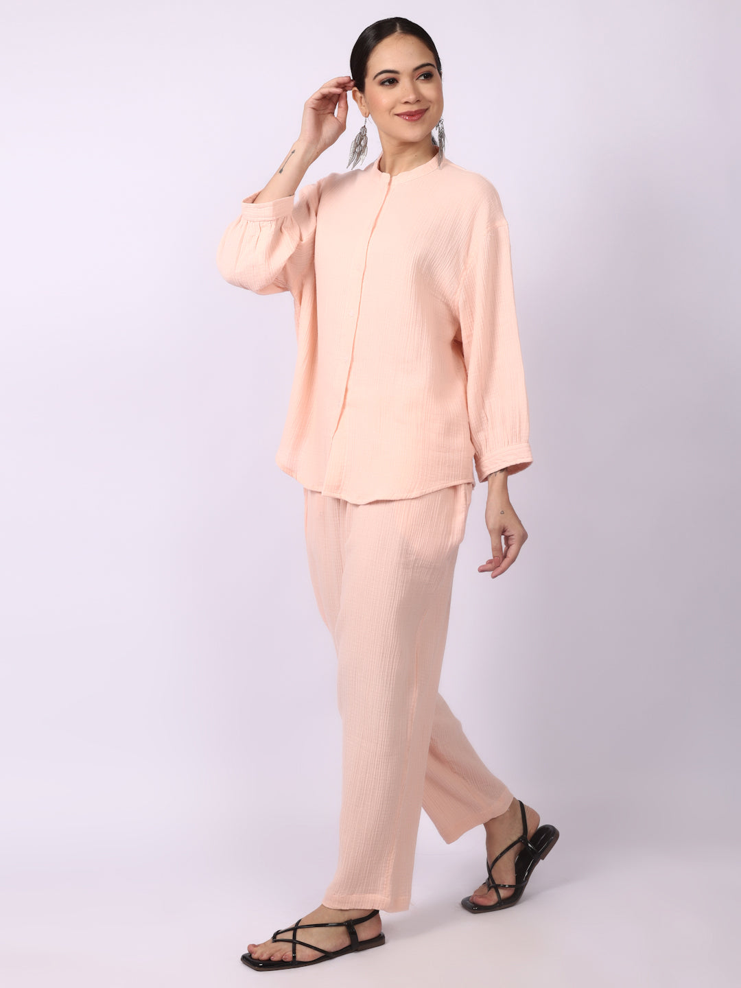 Coral Pink Crinkled Gauze Muslin Loungewear Set