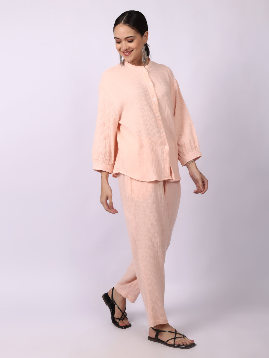 Coral Pink Crinkled Gauze Muslin Loungewear Set
