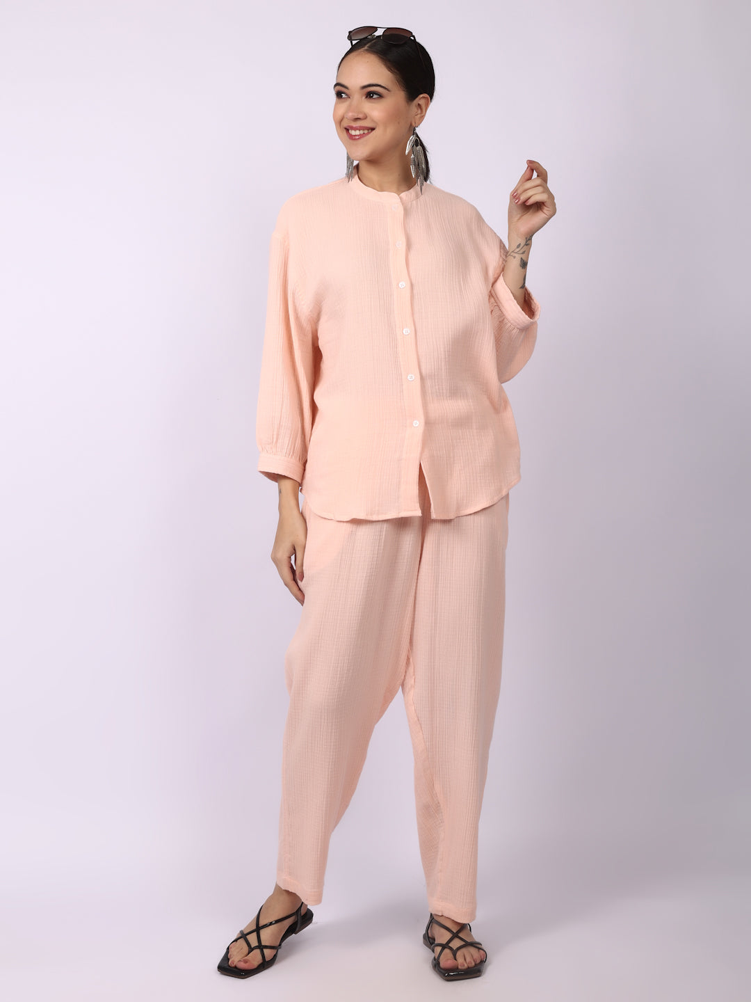 Coral Pink Crinkled Gauze Muslin Loungewear Set