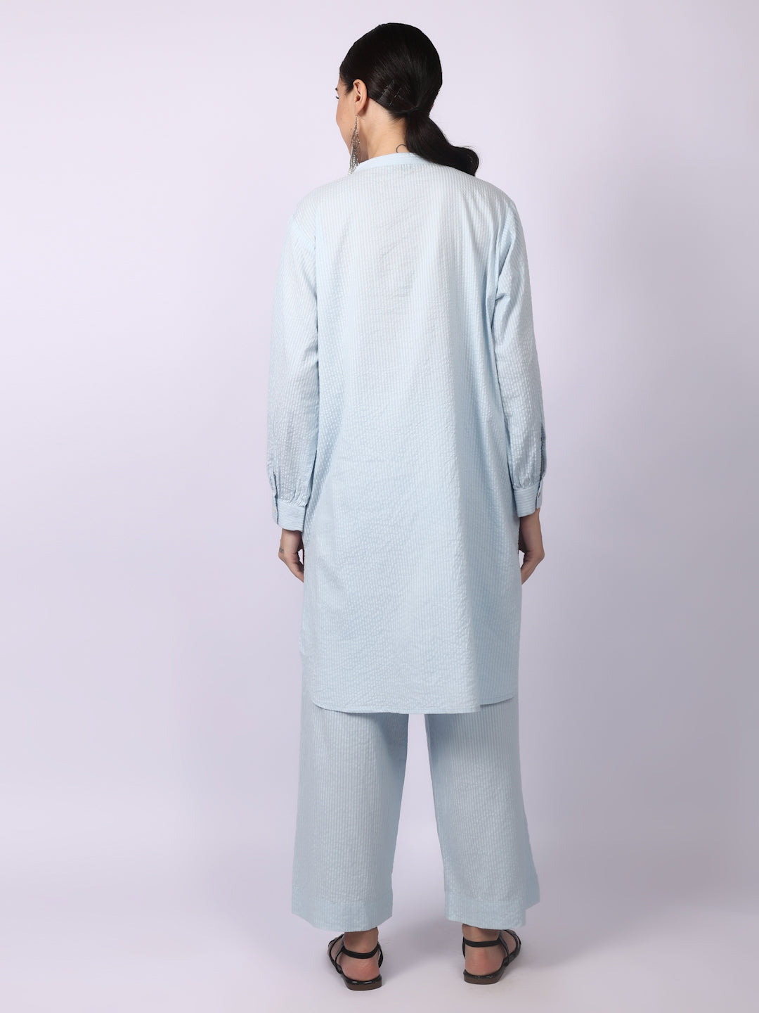 Water Blue Seersucker Striped Cotton A-Line Kurta Pant Co-Ord Set