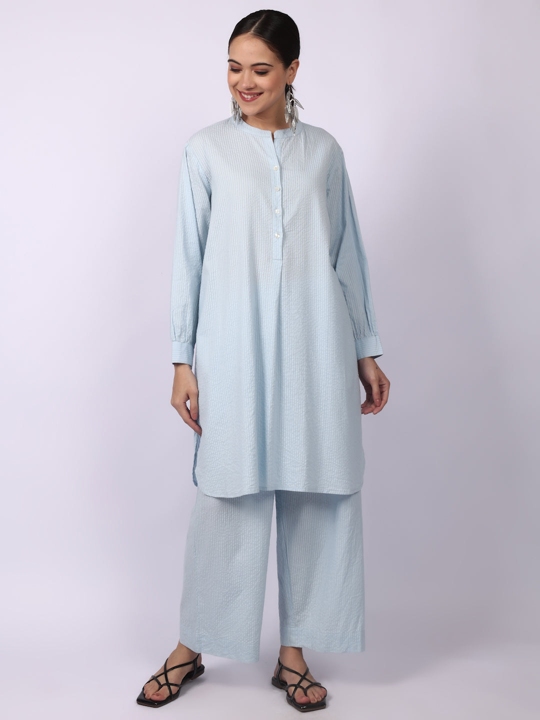 Water Blue Seersucker Striped Cotton A-Line Kurta Pant Co-Ord Set