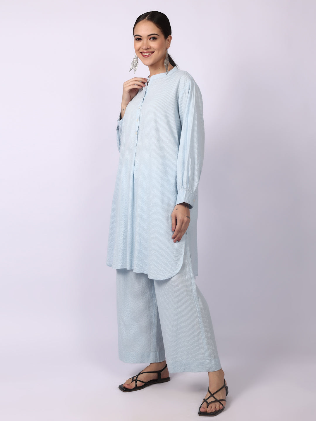 Water Blue Seersucker Striped Cotton A-Line Kurta Pant Co-Ord Set