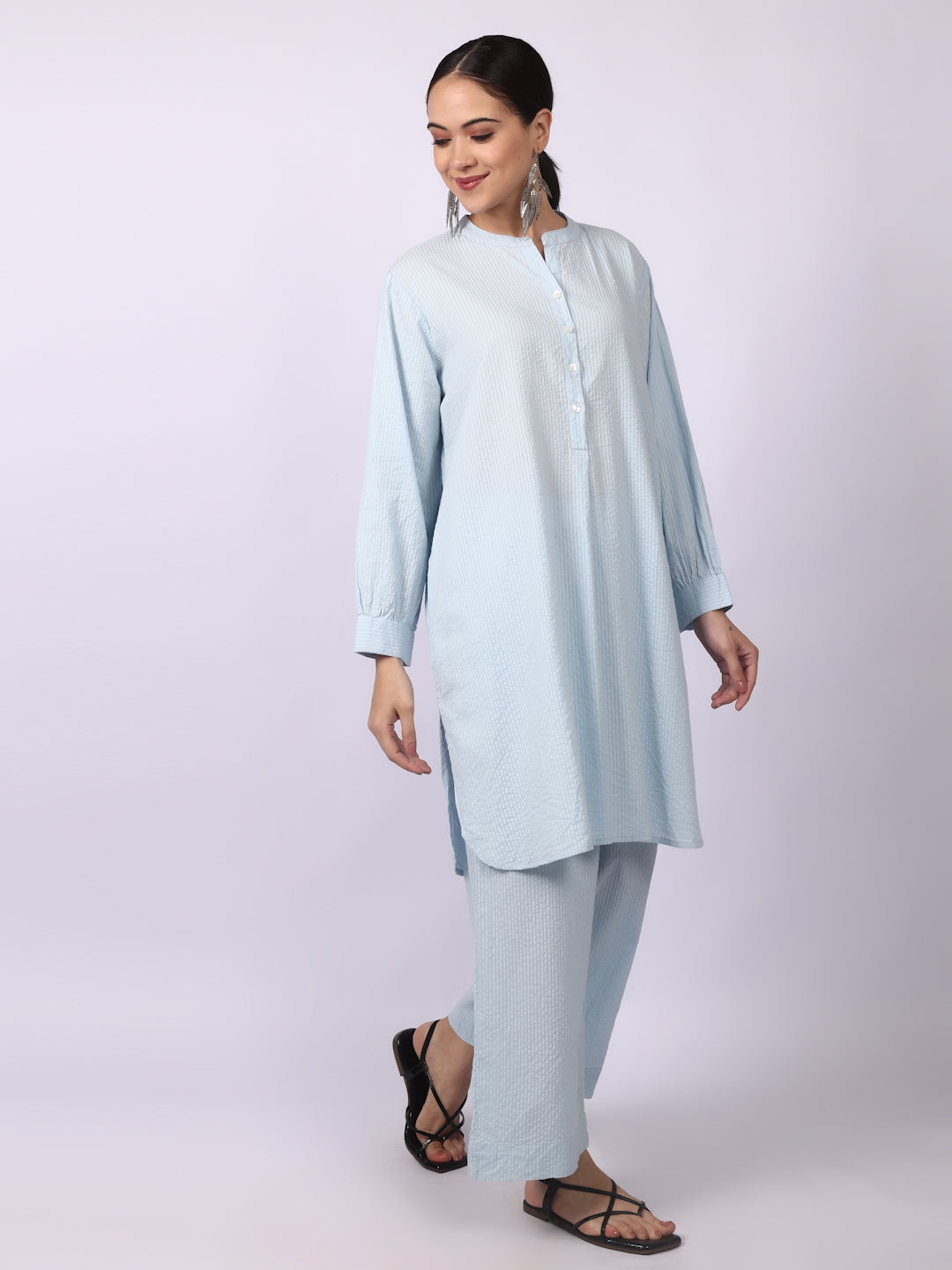 Water Blue Seersucker Striped Cotton A-Line Kurta Pant Co-Ord Set