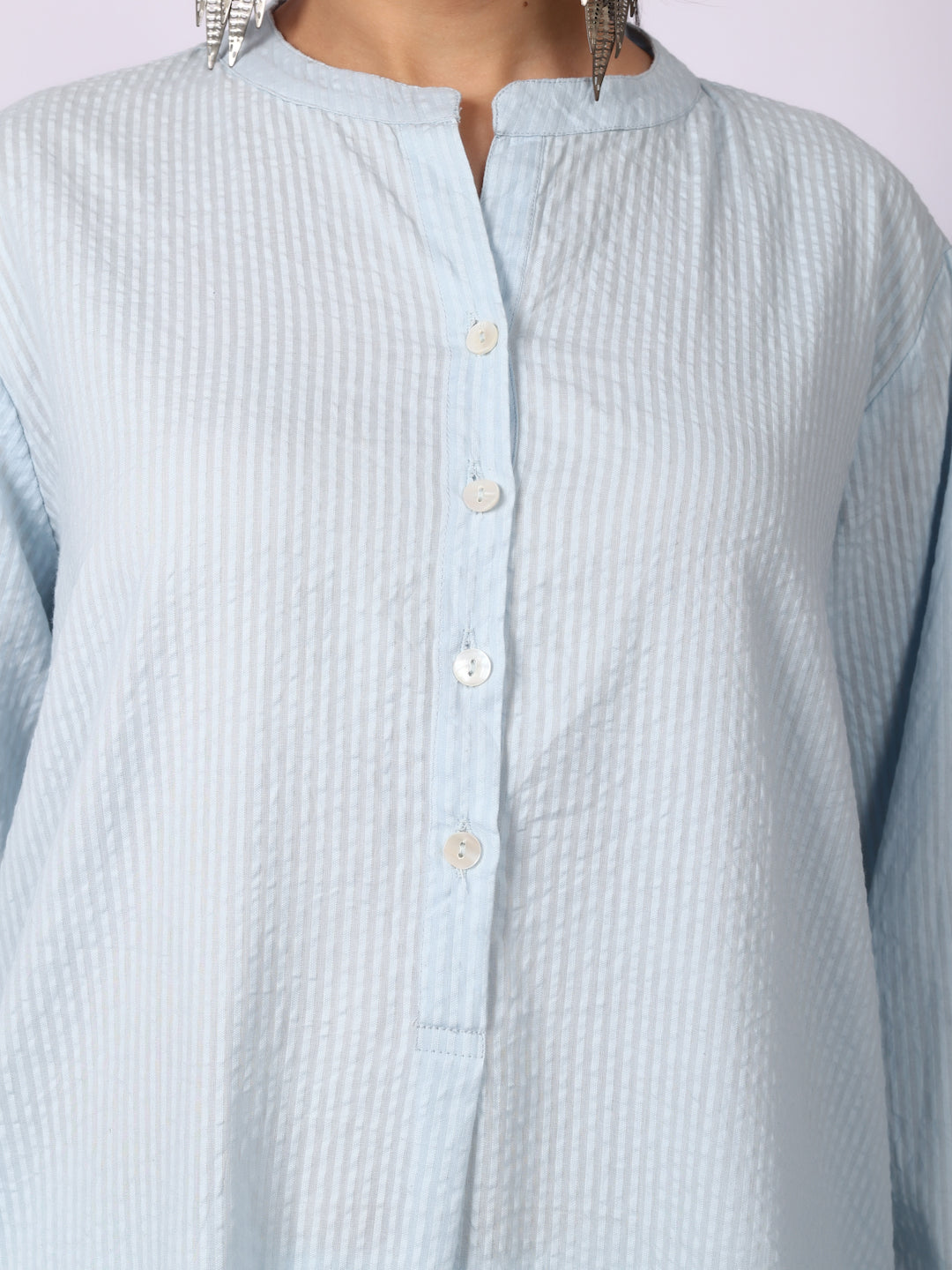 Water Blue Seersucker Striped Cotton A-Line Kurta Pant Co-Ord Set