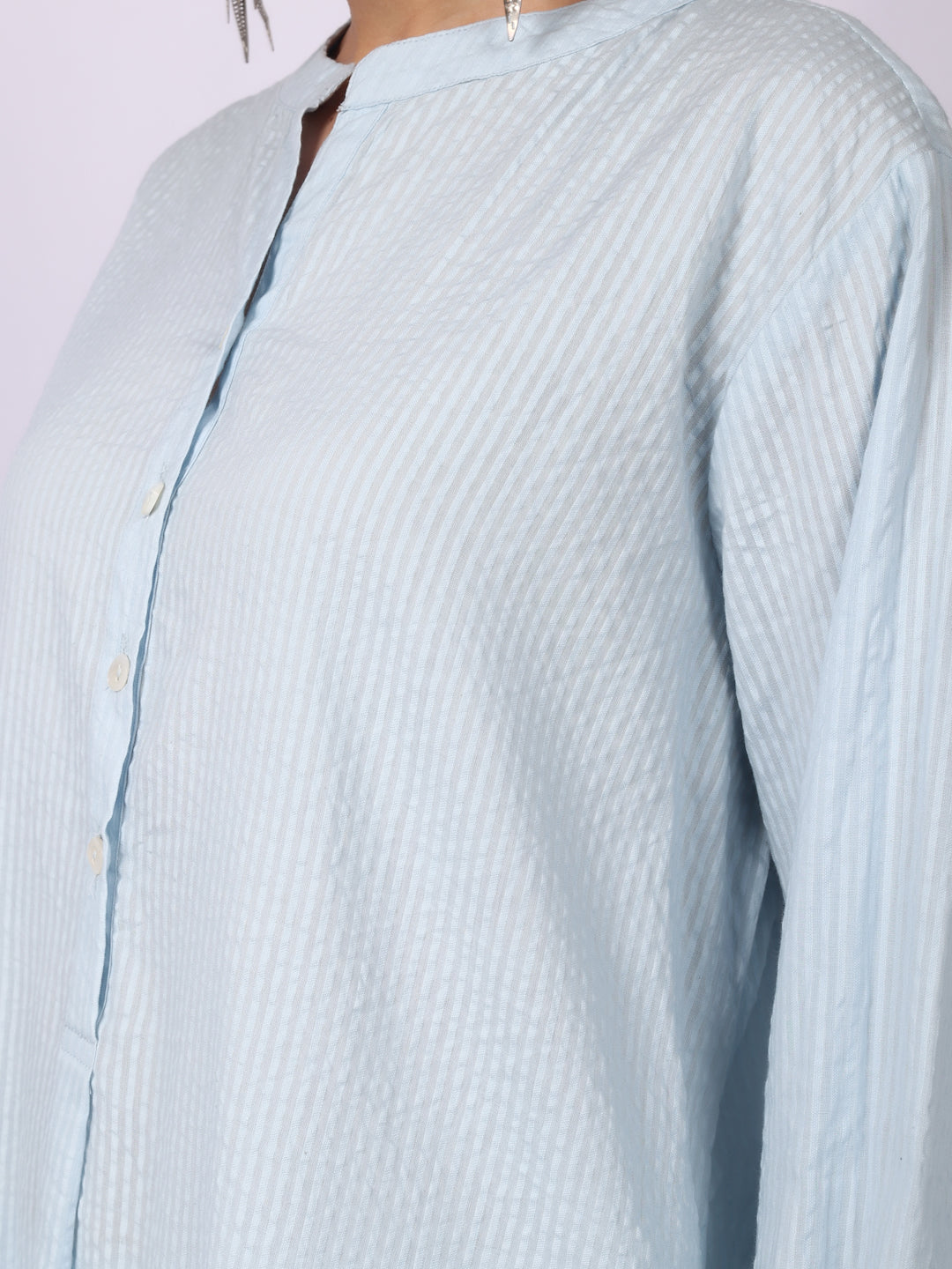 Water Blue Seersucker Striped Cotton A-Line Kurta Pant Co-Ord Set