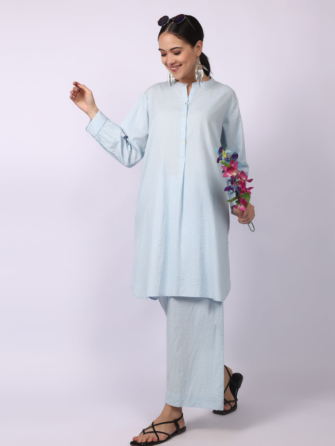 Water Blue Seersucker Striped Cotton A-Line Kurta Pant Co-Ord Set