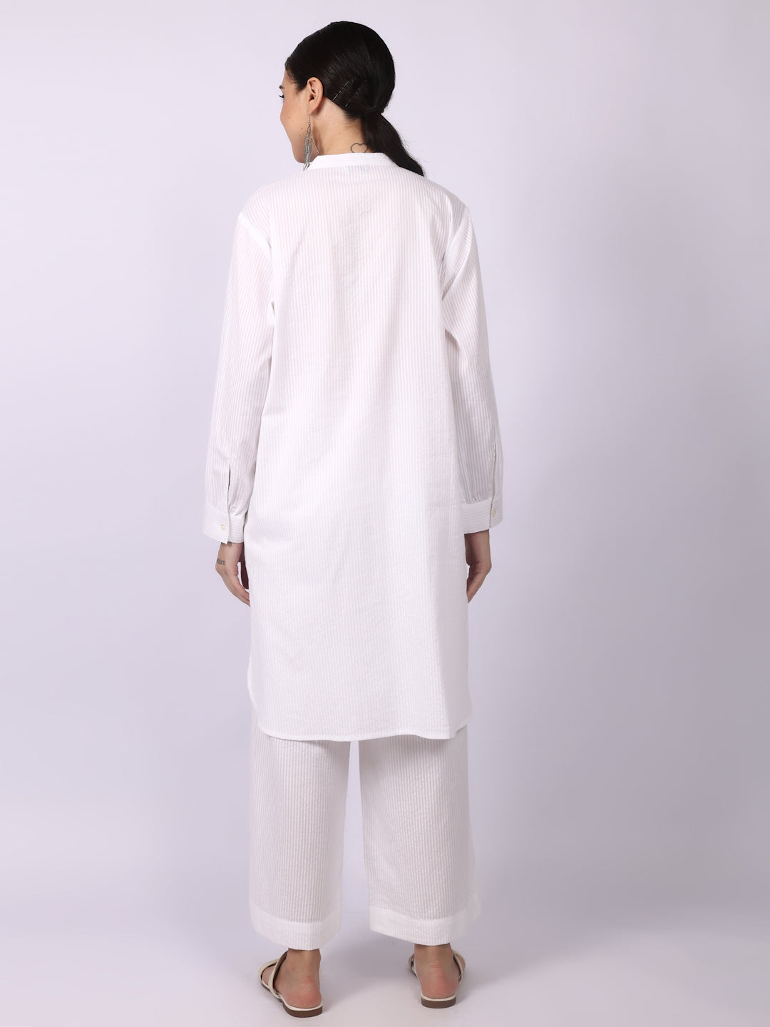 White Seersucker Striped Cotton A-Line Kurta Pant Co-Ord Set
