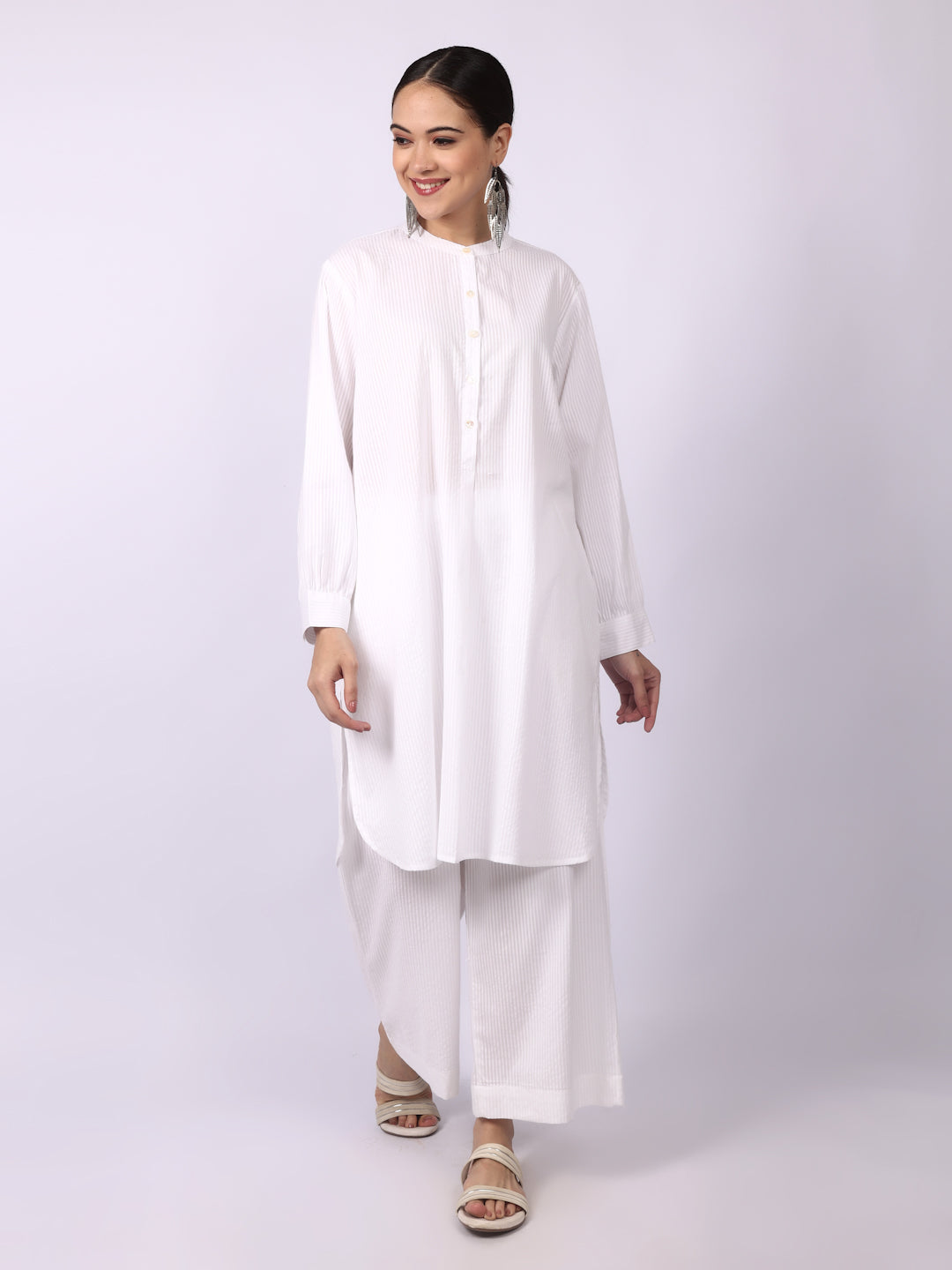 White Seersucker Striped Cotton A-Line Kurta Pant Co-Ord Set
