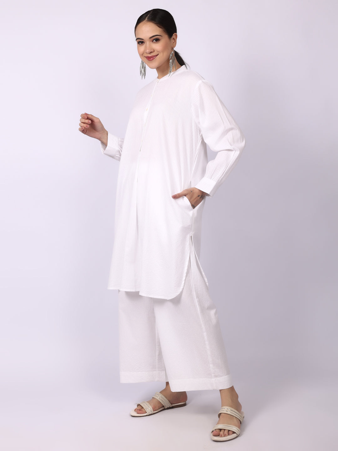 White Seersucker Striped Cotton A-Line Kurta Pant Co-Ord Set