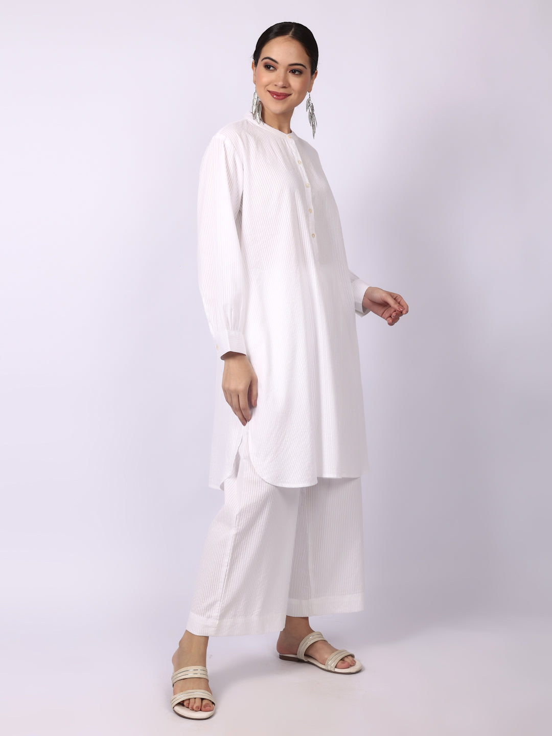 White Seersucker Striped Cotton A-Line Kurta Pant Co-Ord Set