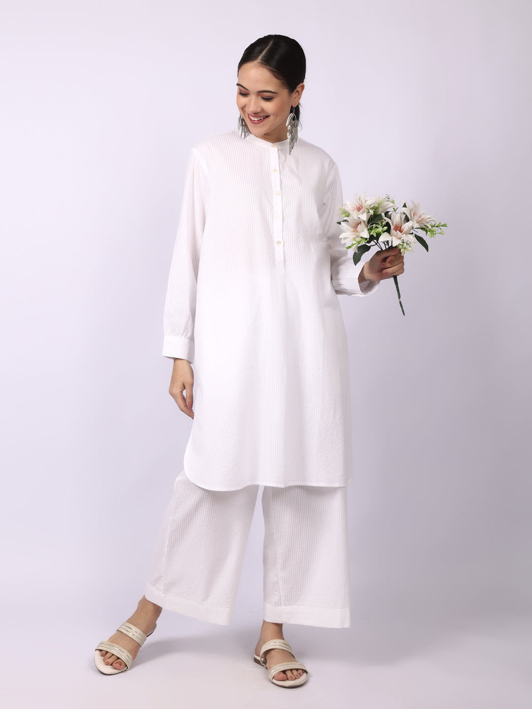 White Seersucker Striped Cotton A-Line Kurta Pant Co-Ord Set