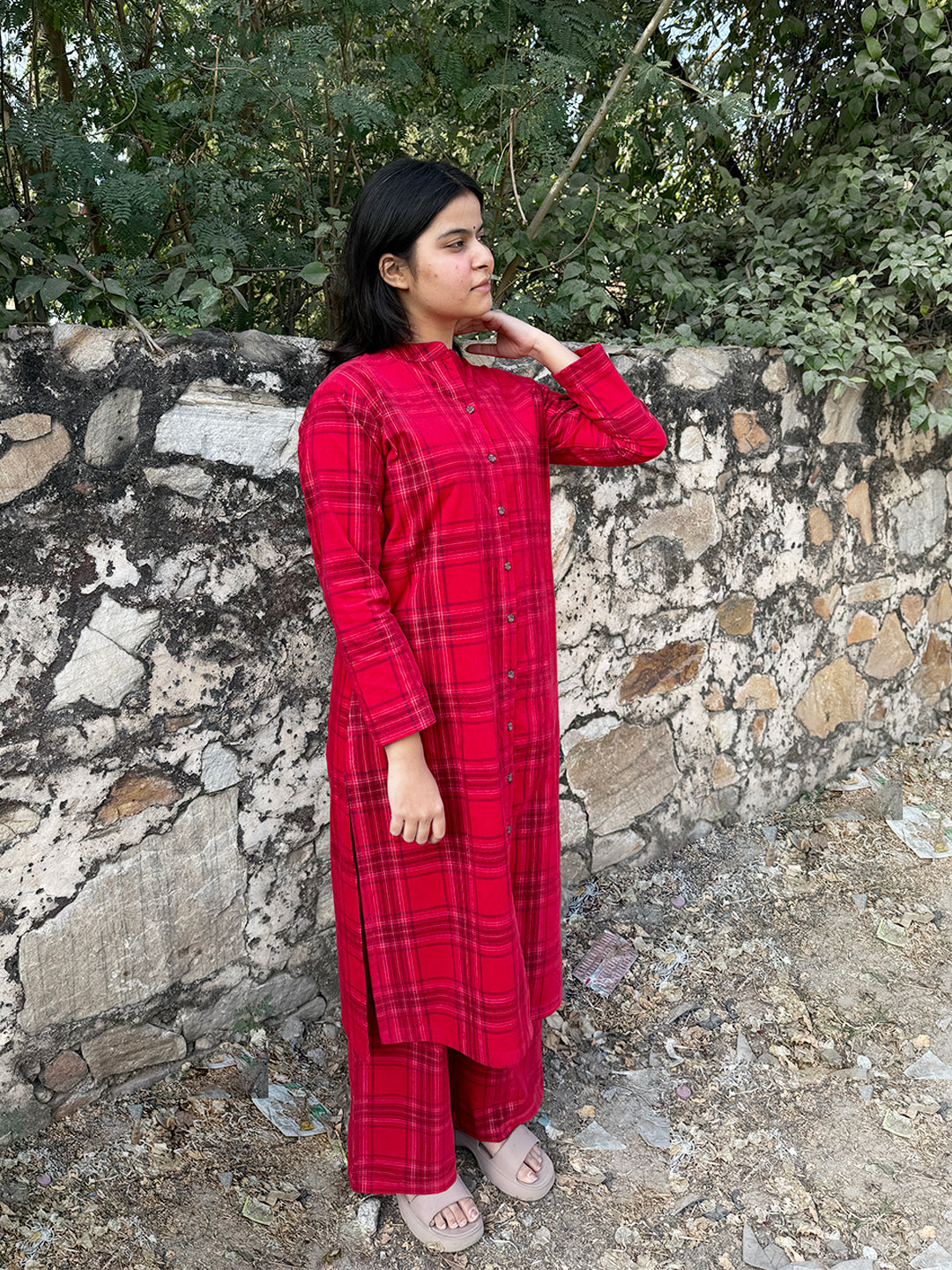 Ribbon Red Checks Corduroy Yarn-dyed Straight-Fit Cotton Kurta Pant Co-ord Set