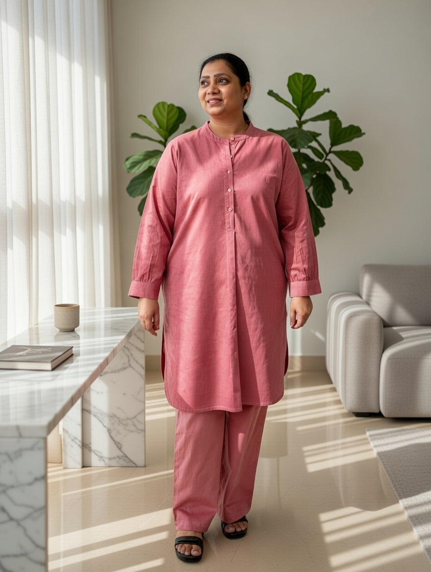 Sea Pink Corduroy Solid Cotton A-Line Kurta Pant Co-Ord Set