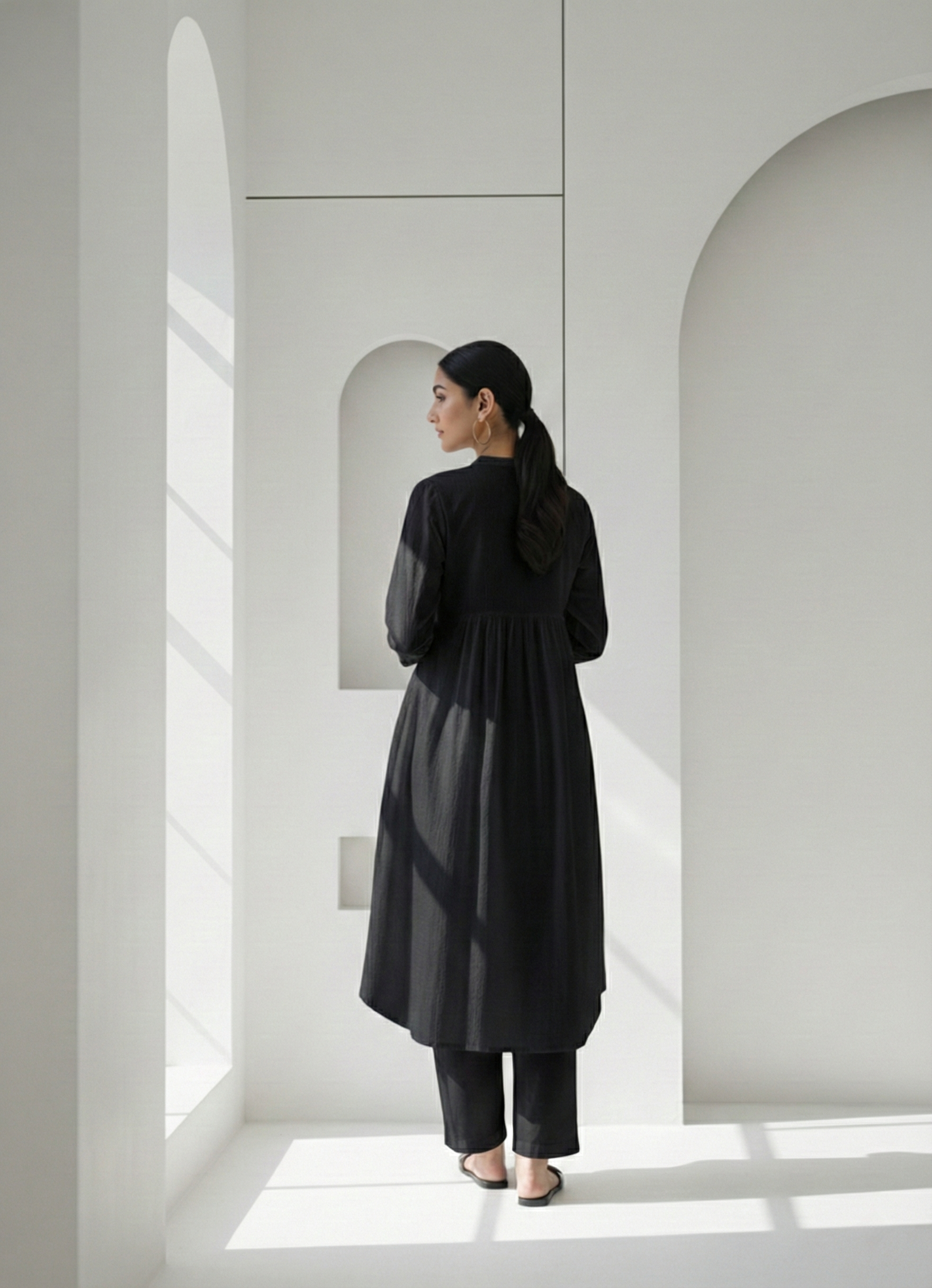 Black Dobby Striped Cotton A-Line Kurta Pant Co-Ord Set (Sukoon)