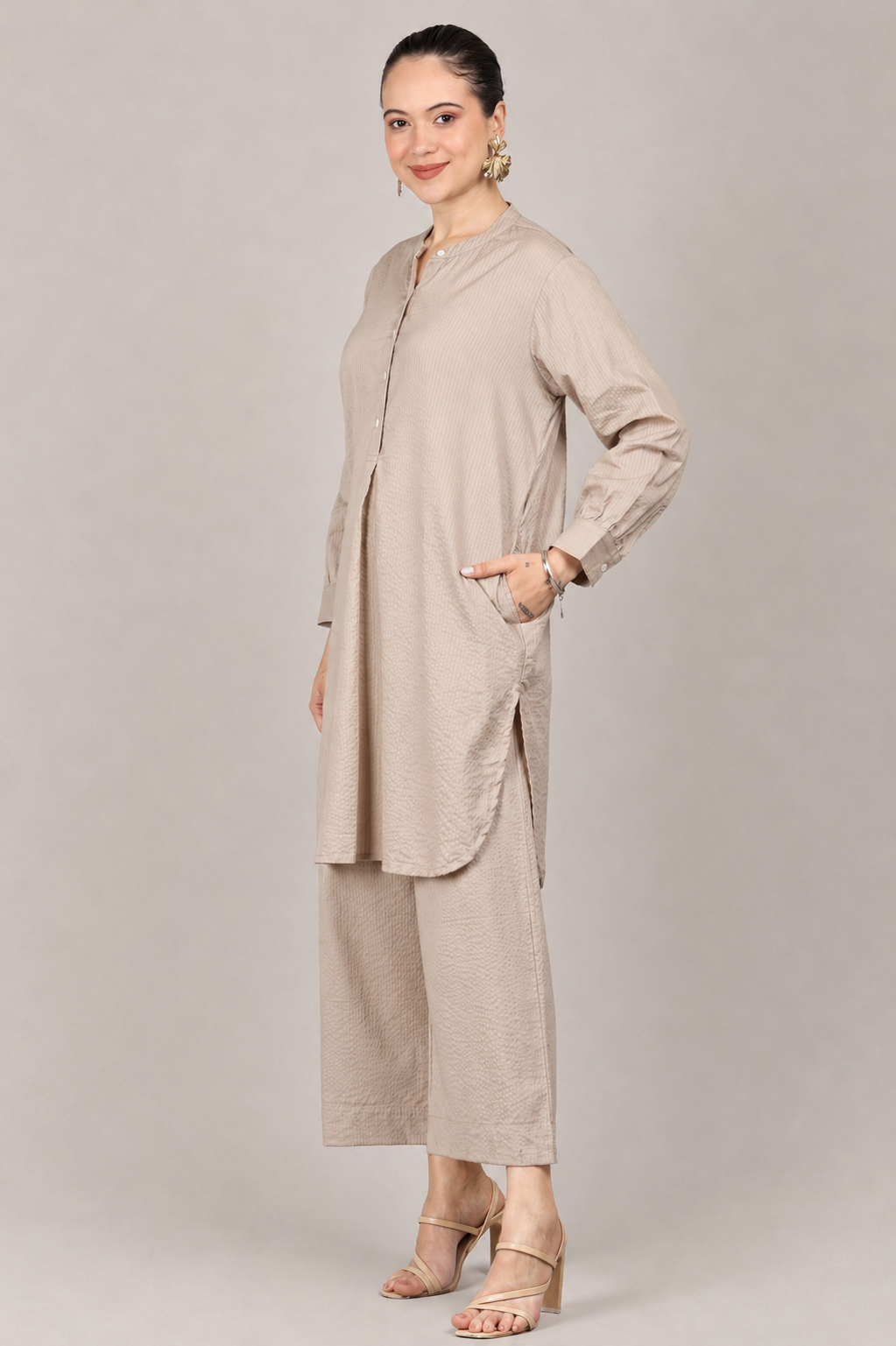 Silver Cloud Beige Seersucker Cotton A-Line Kurta Pant Co-Ord Set
