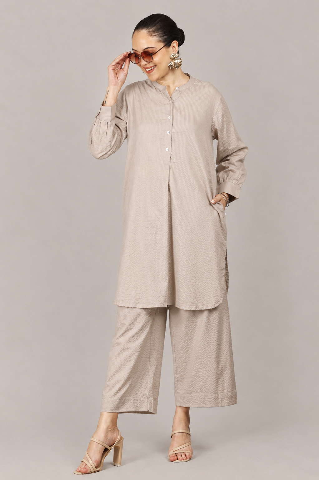 Silver Cloud Beige Seersucker Cotton A-Line Kurta Pant Co-Ord Set