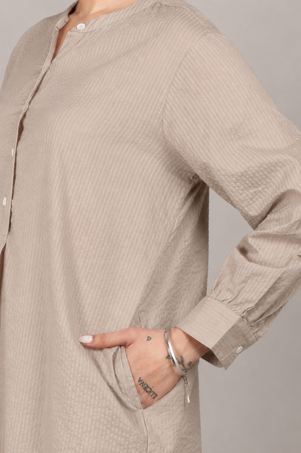 Silver Cloud Beige Seersucker Cotton A-Line Kurta Pant Co-Ord Set