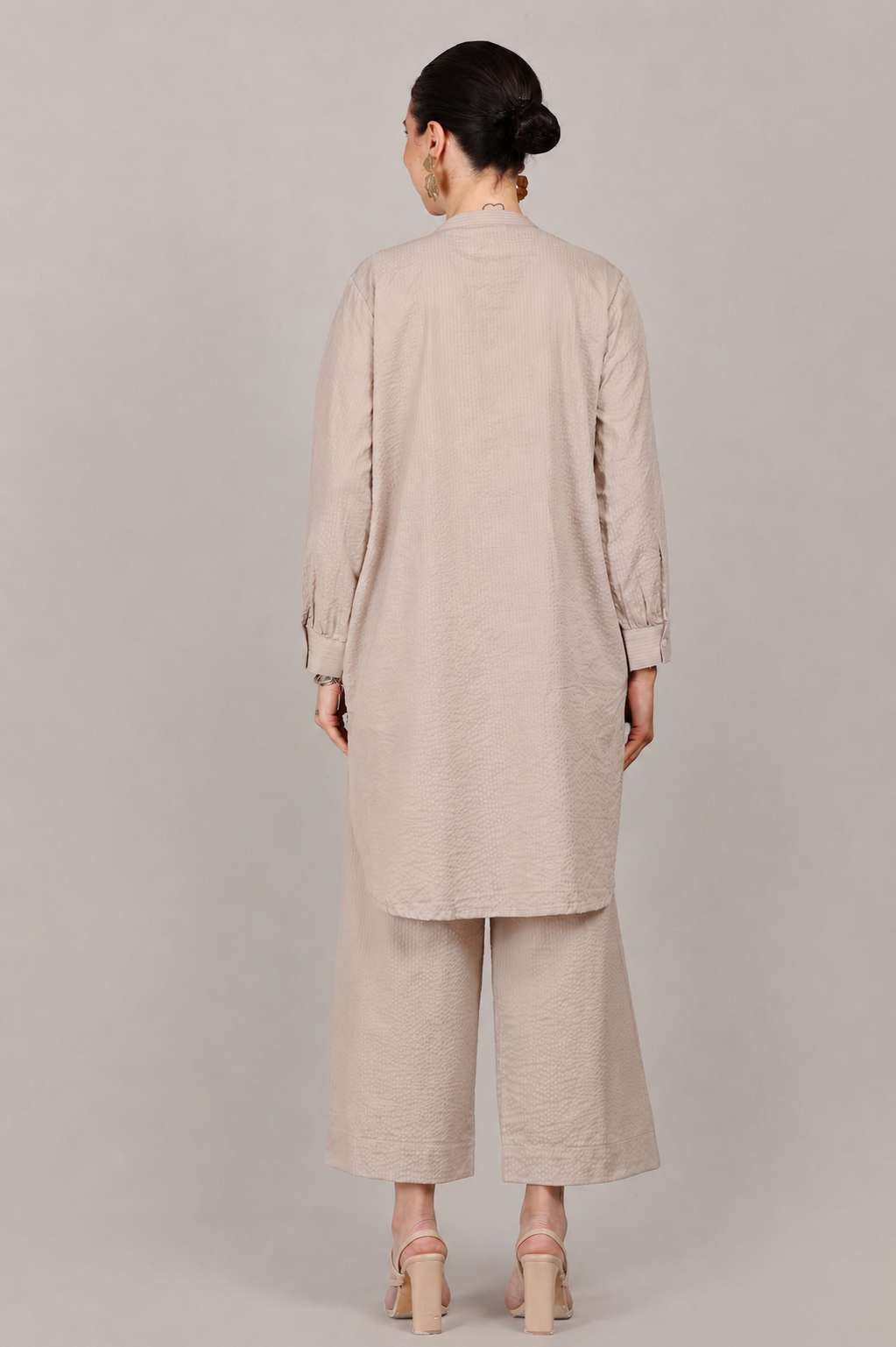Silver Cloud Beige Seersucker Cotton A-Line Kurta Pant Co-Ord Set