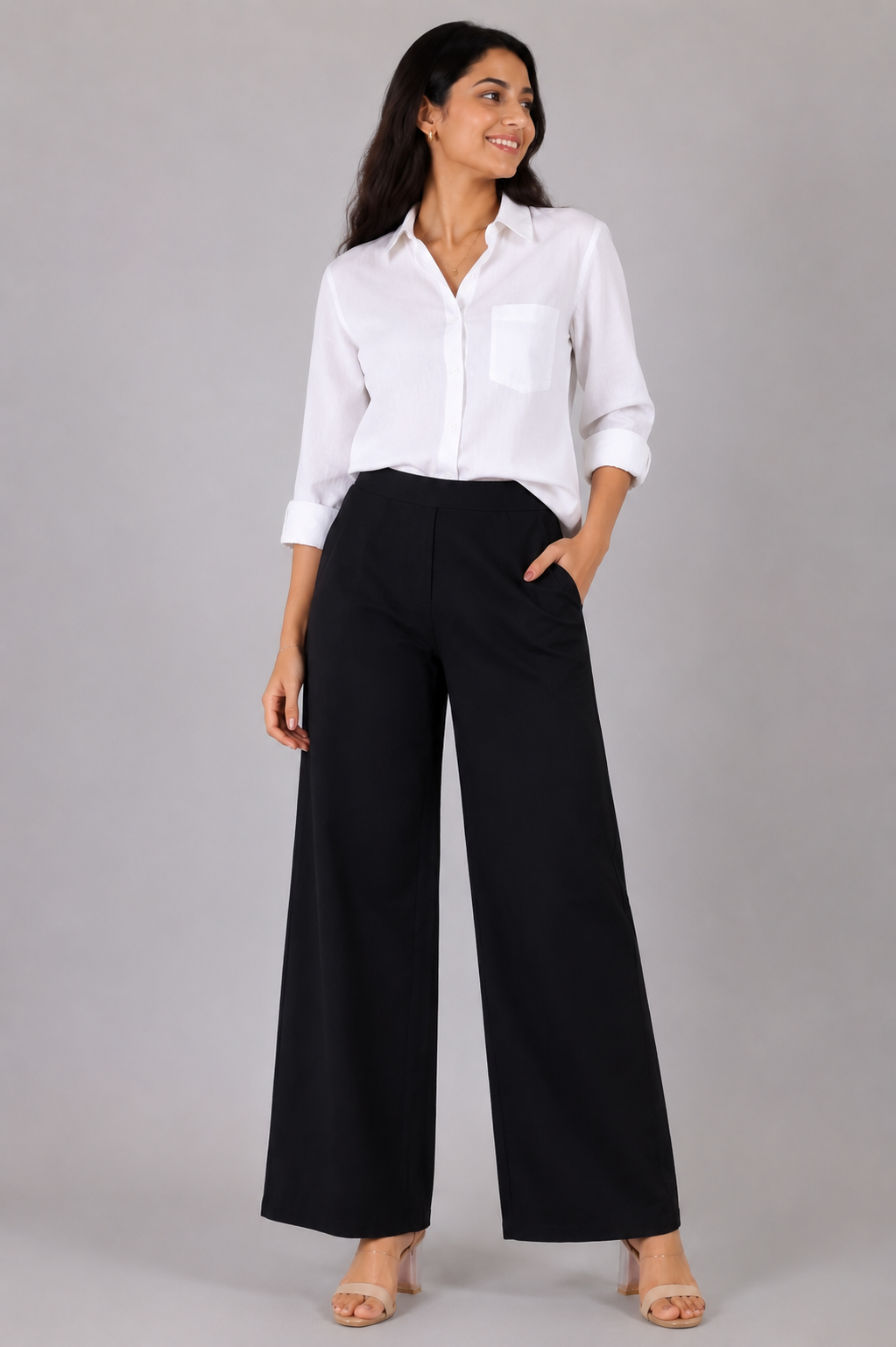 Black Easy Wide-Leg Pants — Pure Cotton Stretch