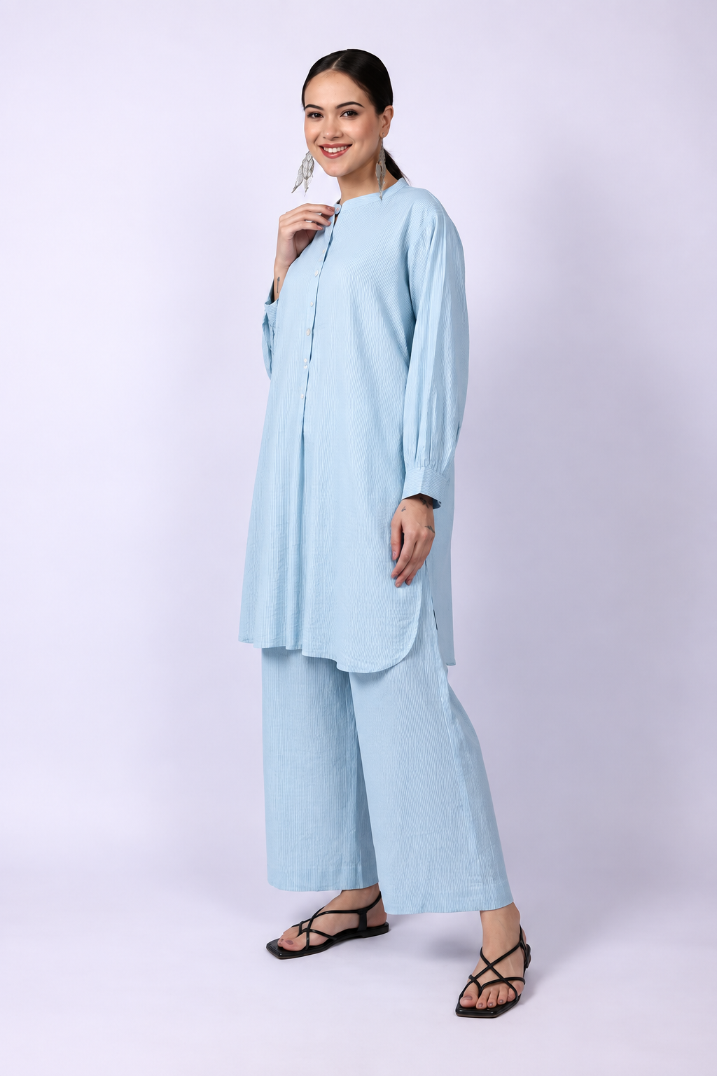 Water Blue Seersucker Cotton A-Line Kurta Pant Co-Ord Set