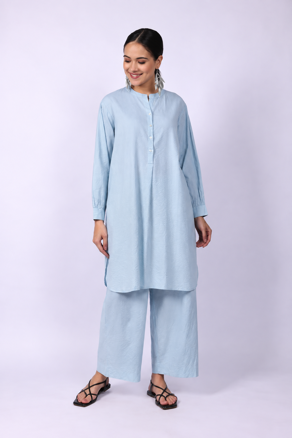 Water Blue Seersucker Cotton A-Line Kurta Pant Co-Ord Set